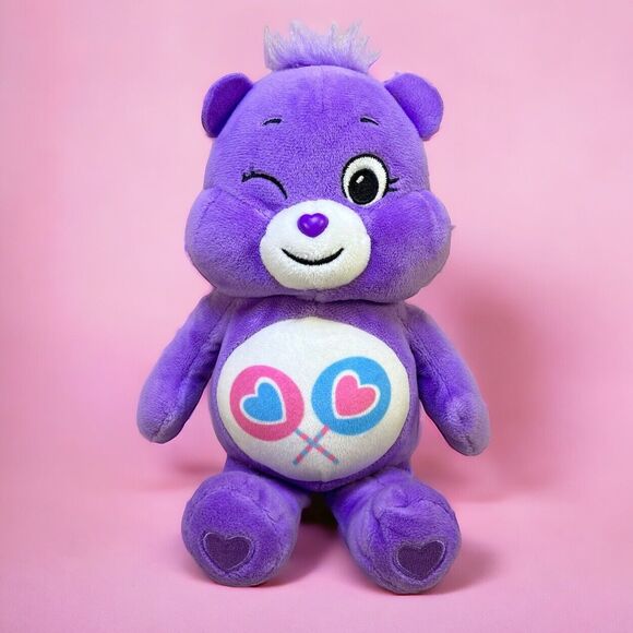 Care Bears SHARE BEAR Plush 10" Purple Winking 2021 Basic Fun Lollypop Hearts - Picture 1 of 15